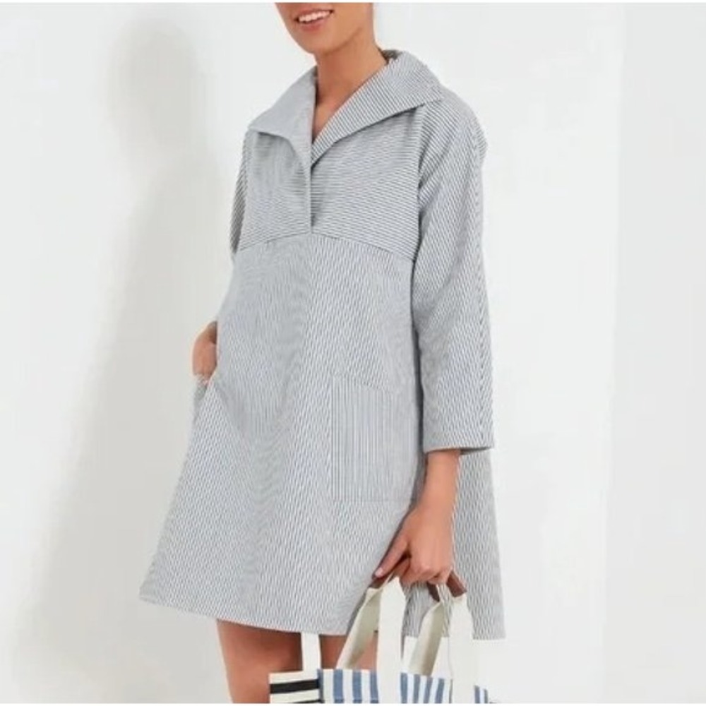 Tuckernuck Blue Cream Striped A-Line Mini Dress Cotton Coastal Notched Collar XS